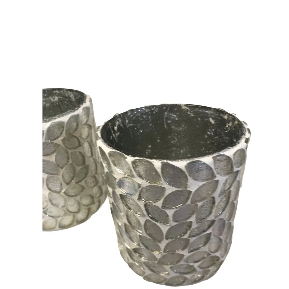 Votive Candle Holders Set 3 Silver Leaf Mosaic Glass Decor 3 1/2" X 3" - Picture 5 of 9